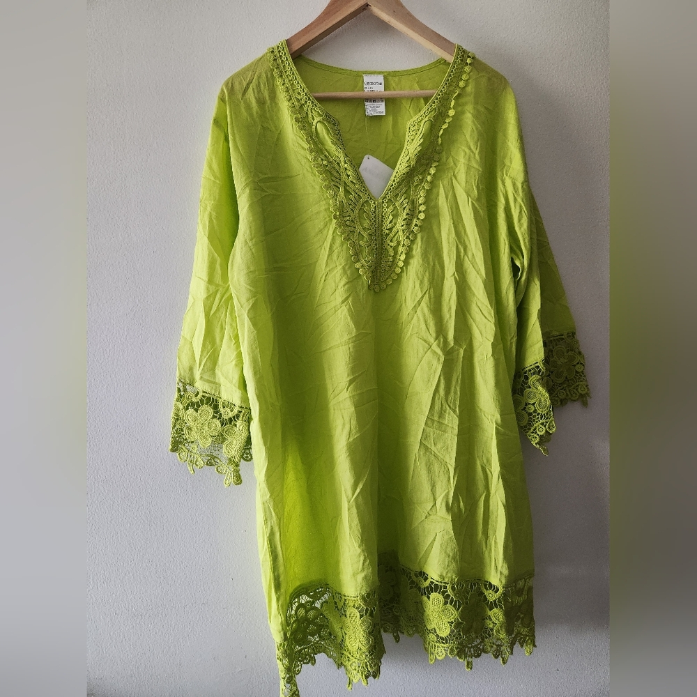 SUNFLAIR BEACH FASHION SUMMER Tunic Top Lime  Women's Size: 14 V-neck 3/…